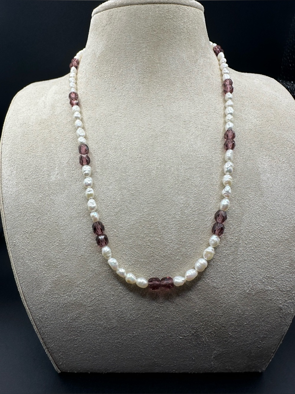 Freshwater Rice Pearl Necklace with Faceted Amethyst Mauve Glass Beads 20 Inches